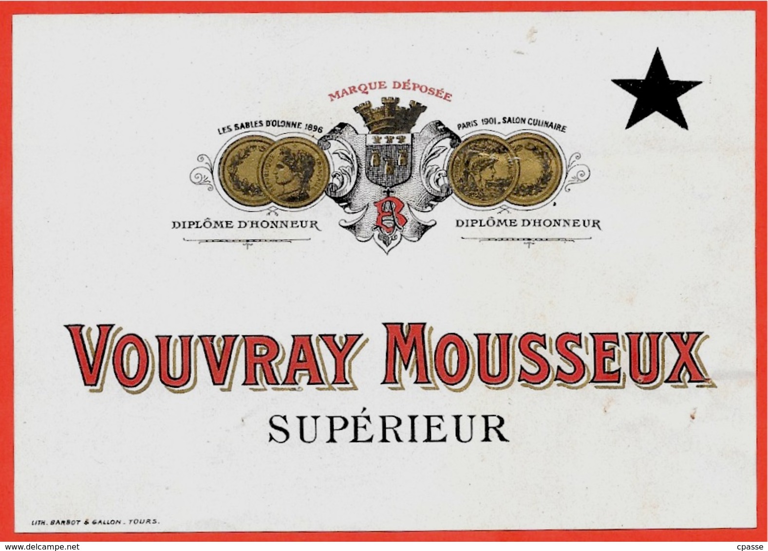 Etiquette De Vin VOUVRAY MOUSSEUX Supérieur AB * Blason De Tours 37 Touraine - Autres & Non Classés