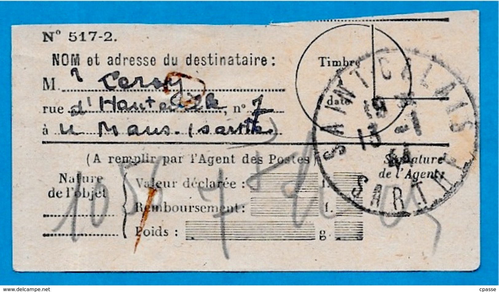 Récépissé Postal 517-2 Avec Cachet Manuel SAINT-CALAIS Sarthe (72) - Cachets Manuels