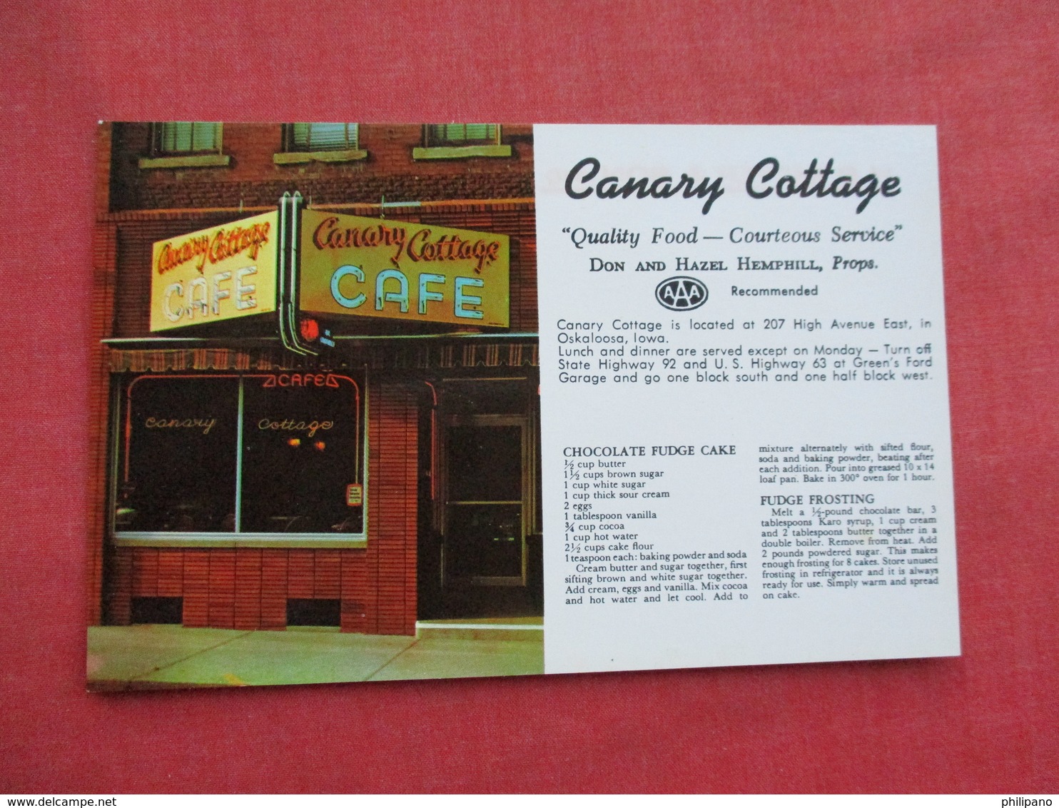 Canary Cottage Cafe  With Recipe Oskaloosa Iowa        Ref 3290 - Other & Unclassified