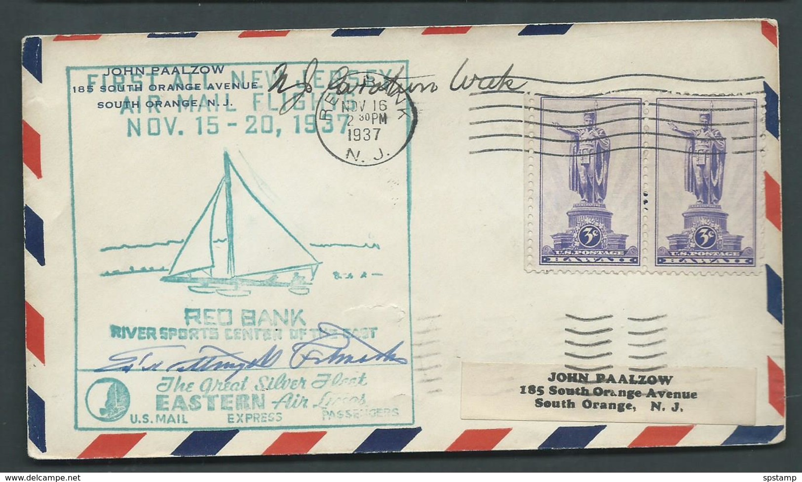 United States US Mail 1937 First Flight New Jersey Cover , Red Bank River Sports Cachet - Covers & Documents