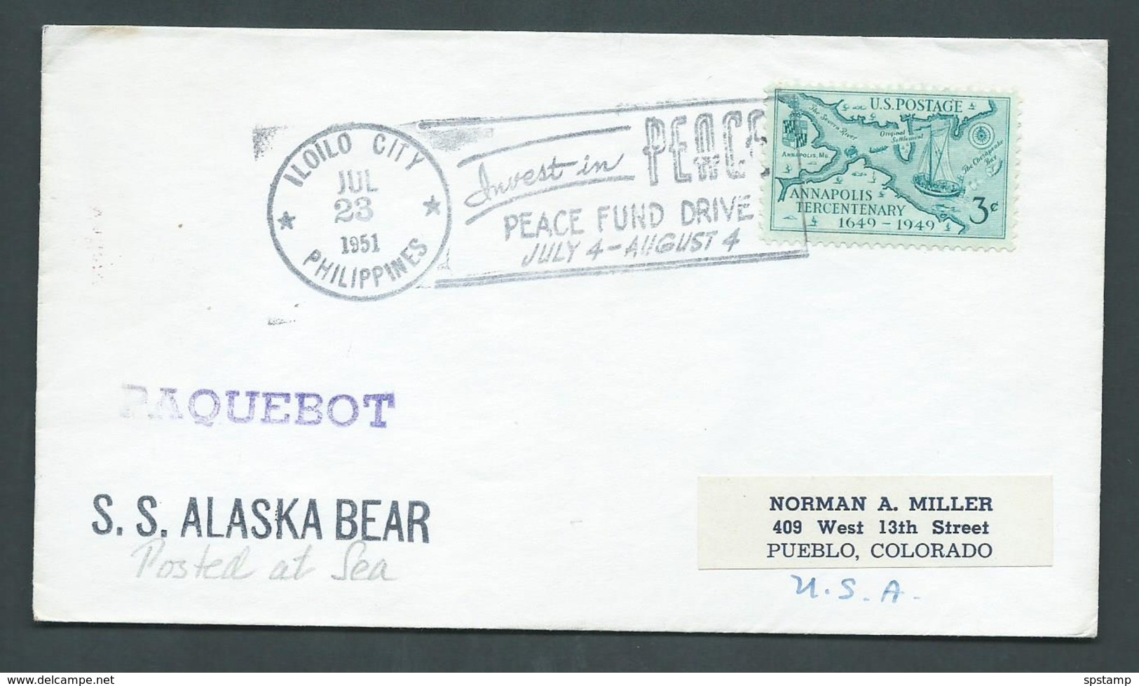 Philippines 1951 Paquebot Cover Iloilo City To Colorado Ship Alaska Bear US Adhesive - Philippines