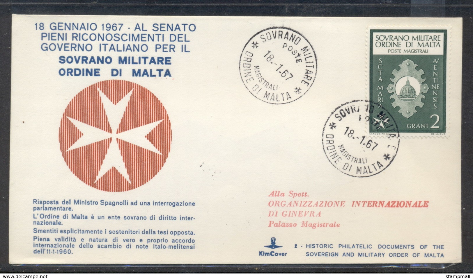 Malta 1967 Sovereign Military Order Recognition FDC - Malte (Ordre De)