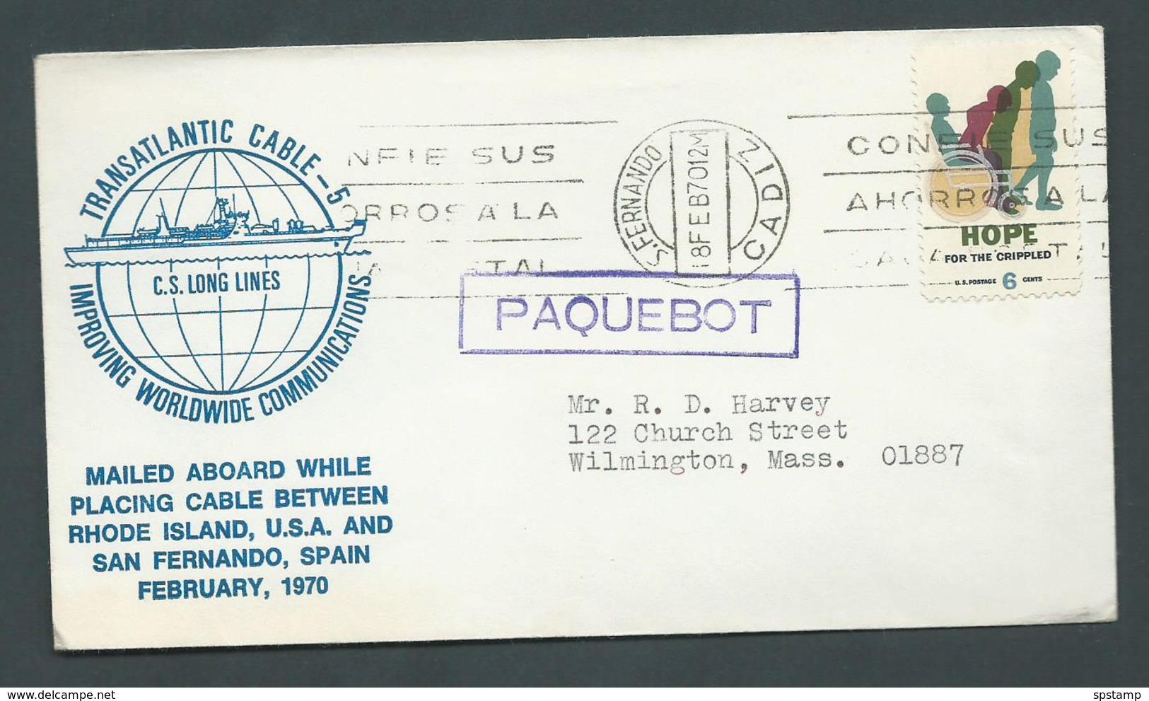 Spain 1970 Paquebot Cover Cadiz To Massachusets , Cable Ship CS Long Lines , US Adhesive - Lettres & Documents