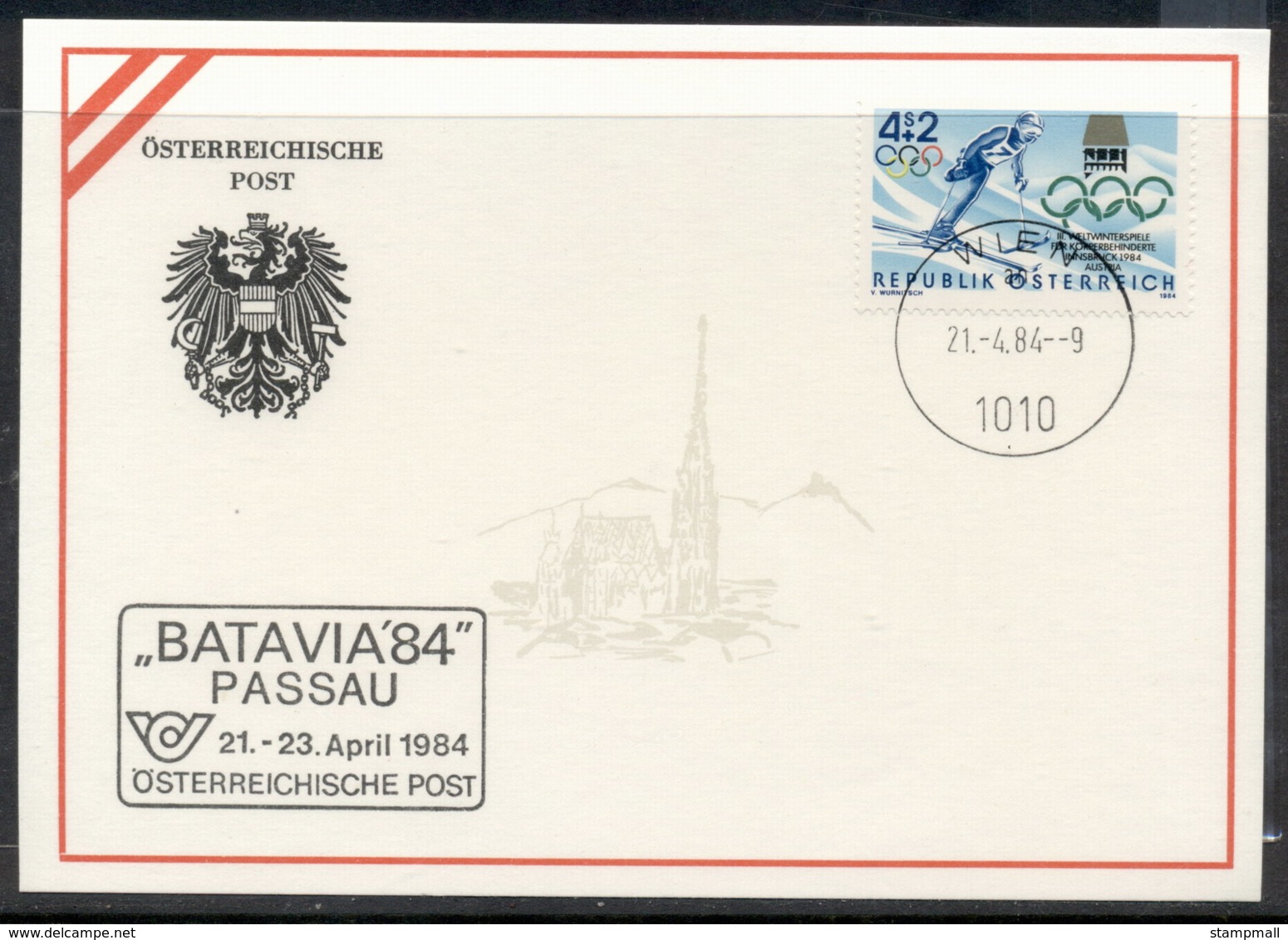 Austria 1984 Olympic Skiing, Batavia '84 Souvenir Card - FDC