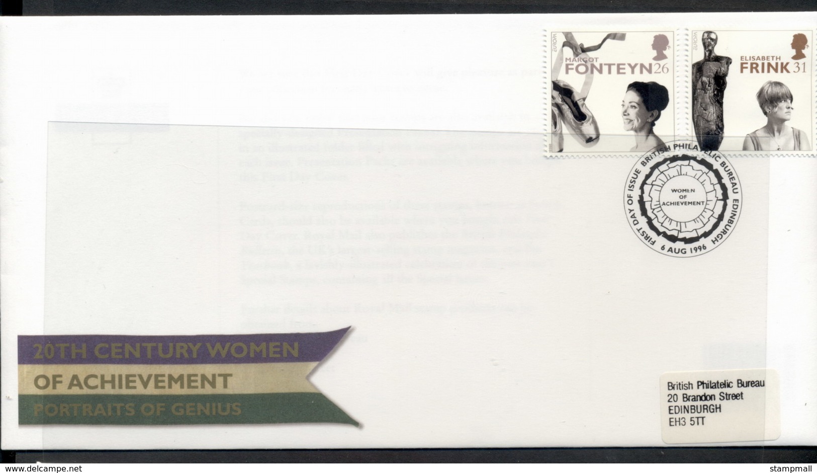 GB 1996 Europa Famous Women FDC - 1991-2000 Decimal Issues