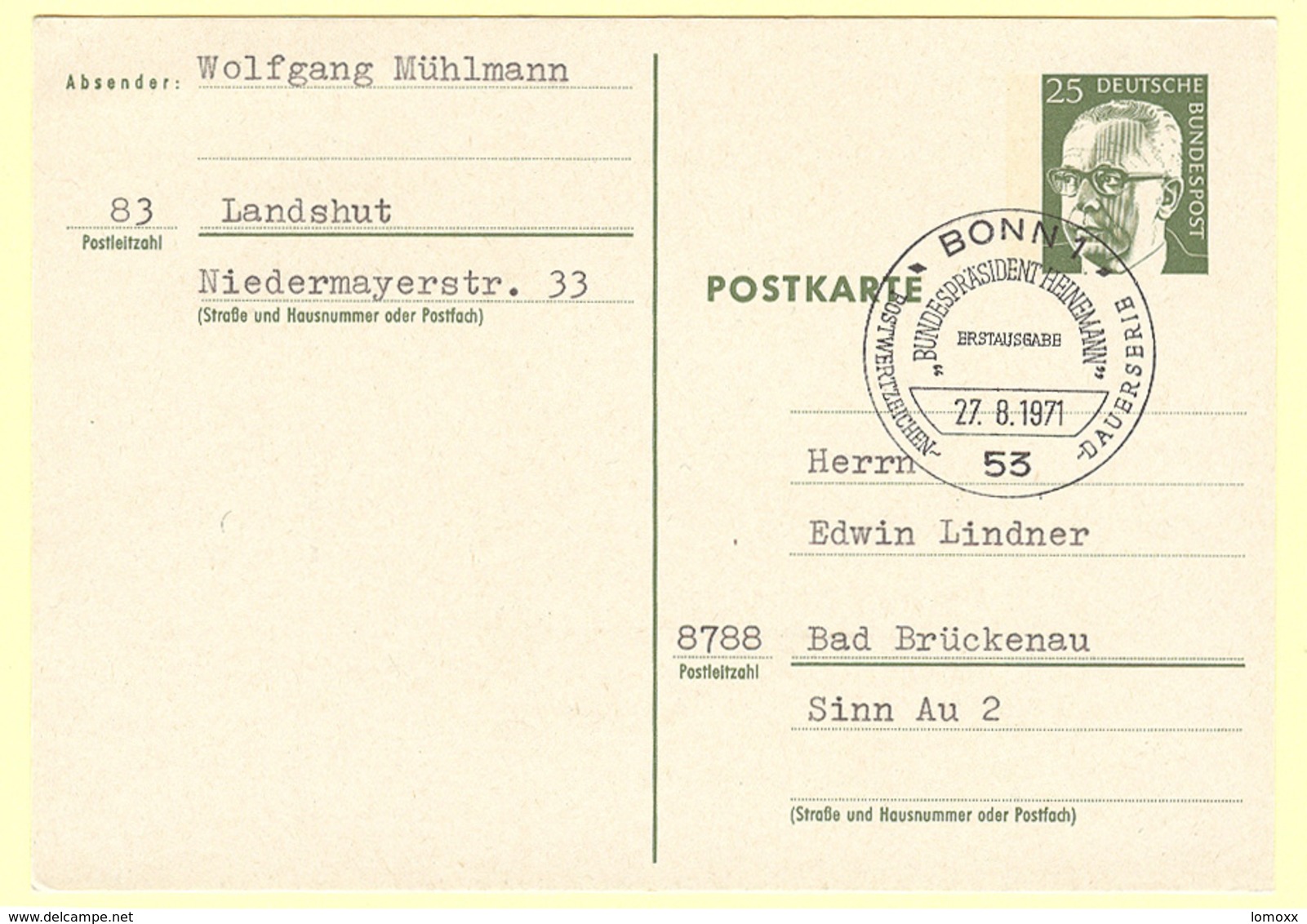 Postkarte P101 Mit Ersttagssonderstempel Bonn 27.8.1971 - Cartoline - Usati