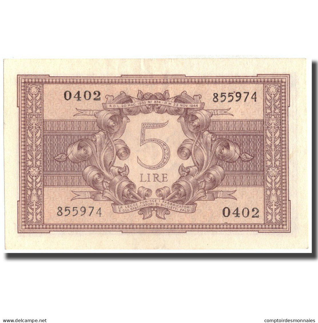 Billet, Italie, 5 Lire, 1944, 1944-11-23, KM:31b, SPL - Regno D'Italia – 5 Lire