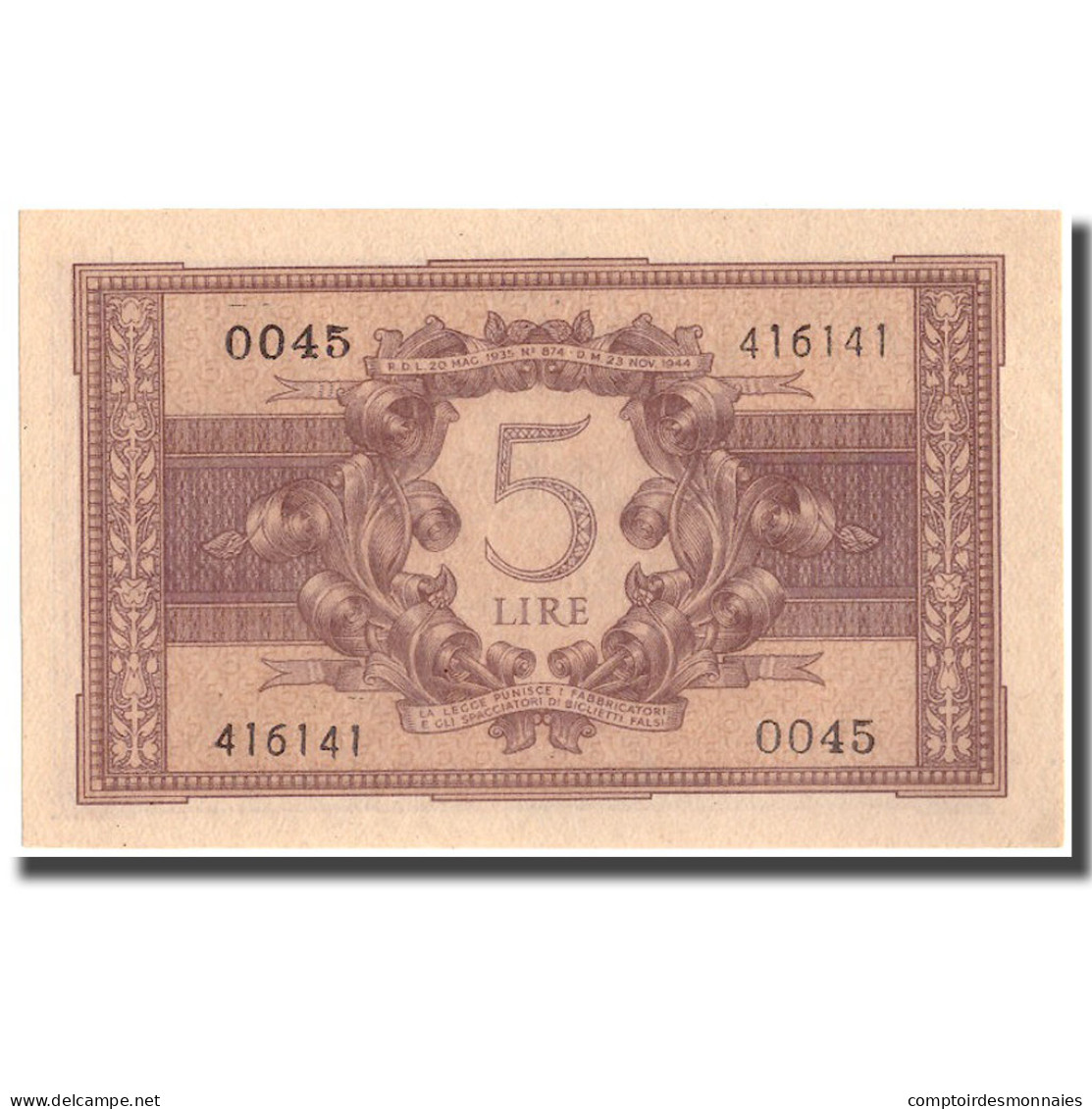 Billet, Italie, 5 Lire, 1944, 1944-11-23, KM:31a, SPL+ - Regno D'Italia – 5 Lire