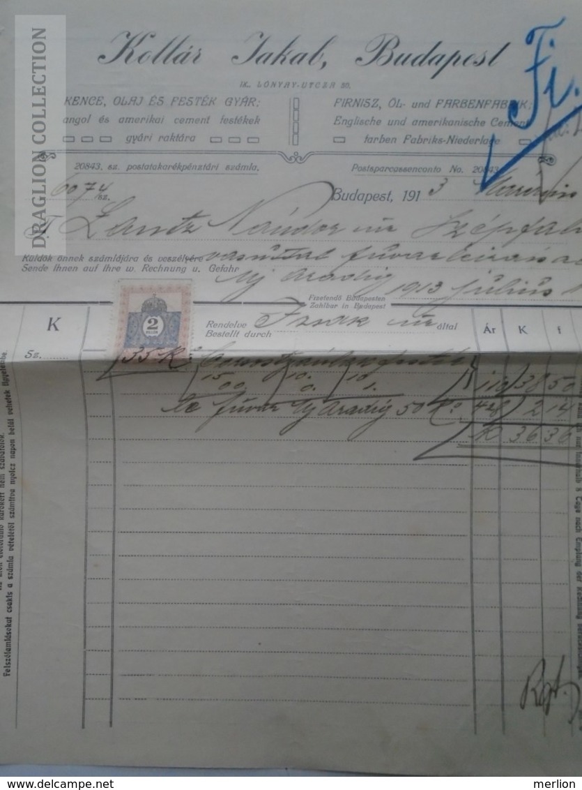 ZA192.21 Hungary   Rechung Faktura Invoice  Kollár Jakab - Lántz -Temesszépfalu  Temes 1913 - Altri & Non Classificati