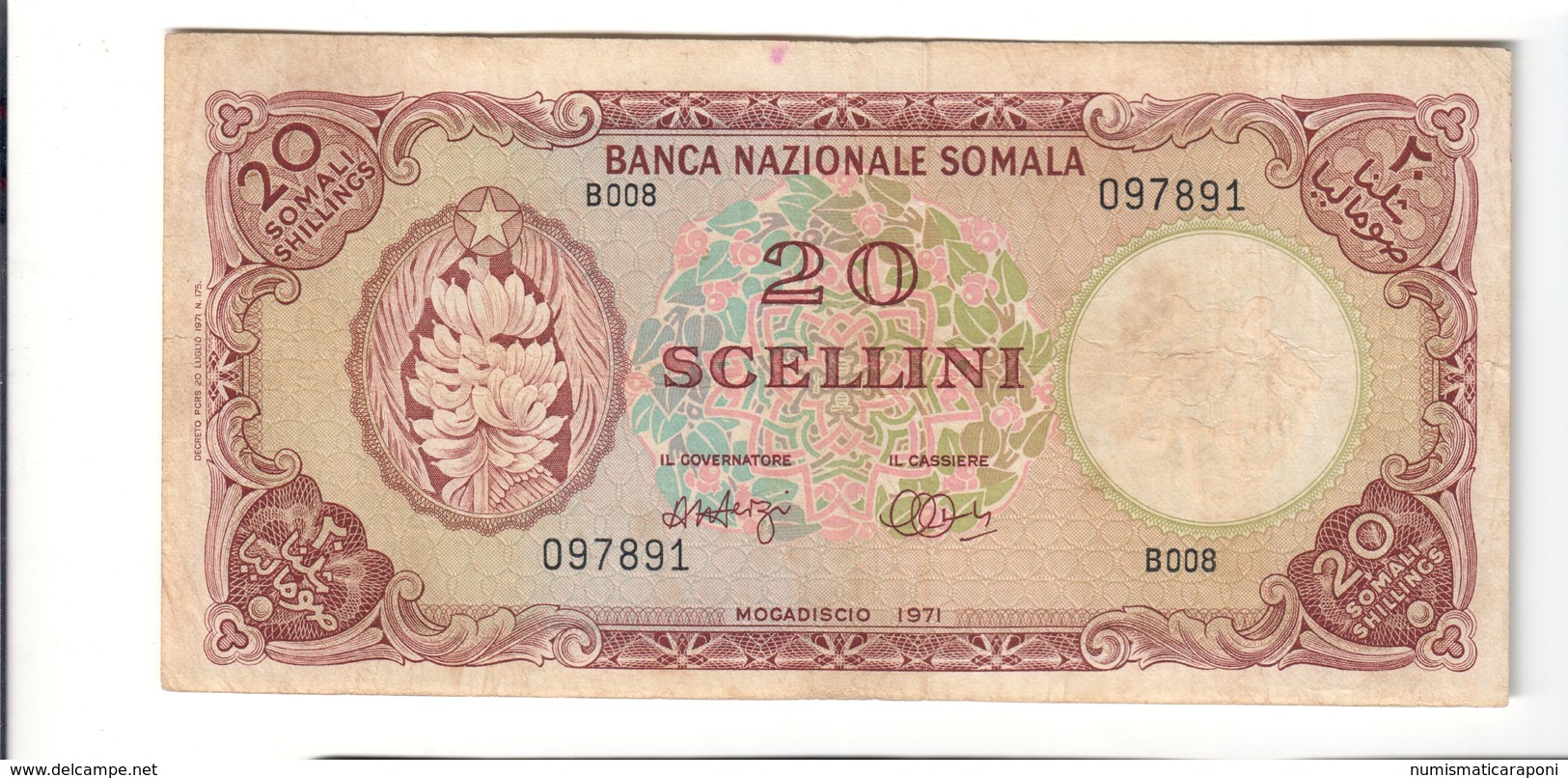 Somalia 20 Scellini Banca Nazionale Somala Mogadiscio 1971 Bel Bb+ Lotto.2477 - Somaliland