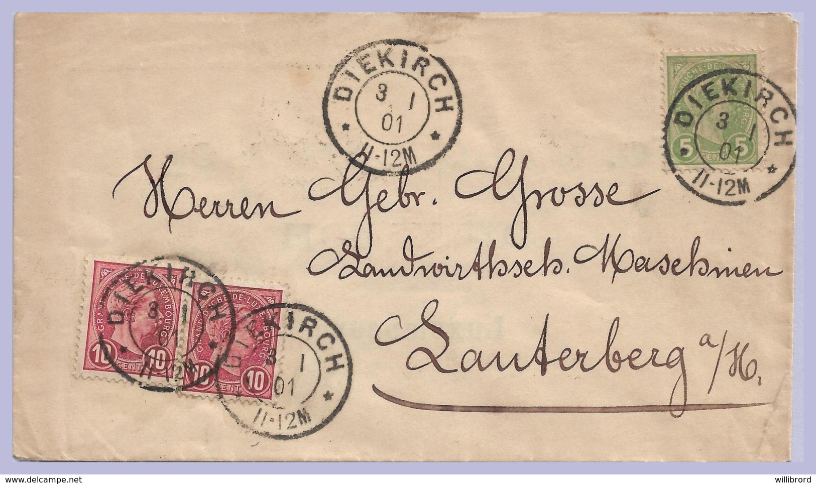 LUXEMBOURG - Adolphe 1901 5c & 10c (2) - Diekirch To Lauterberg, Germany - Printed Back G. Marcellin & Cie. - 1895 Adolphe Right-hand Side