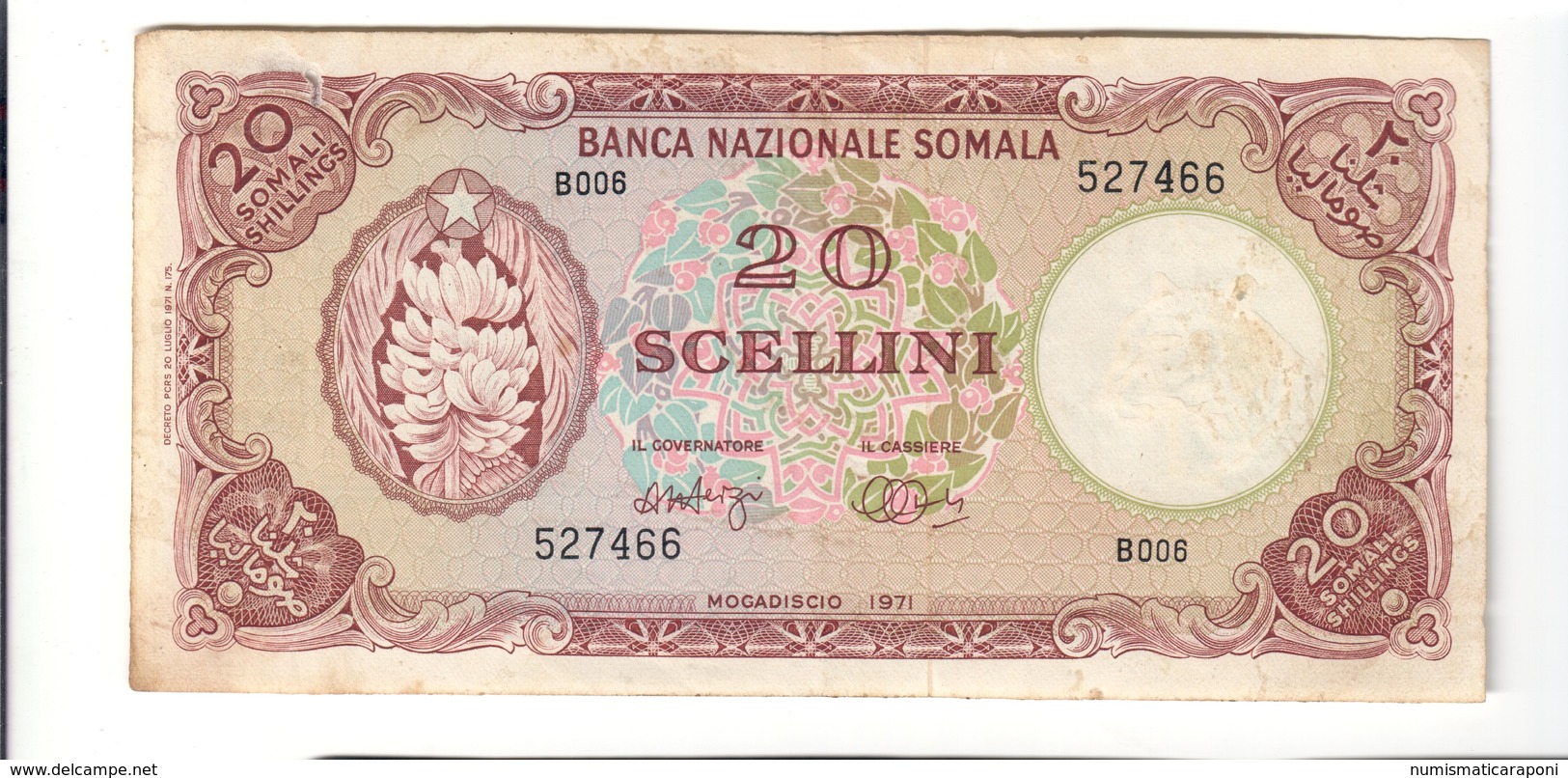 Somalia 20 Scellini Banca Nazionale Somala Mogadiscio 1971 Bel Spl+ Ma Mancanza Di Carta Lotto.2478 - Somaliland