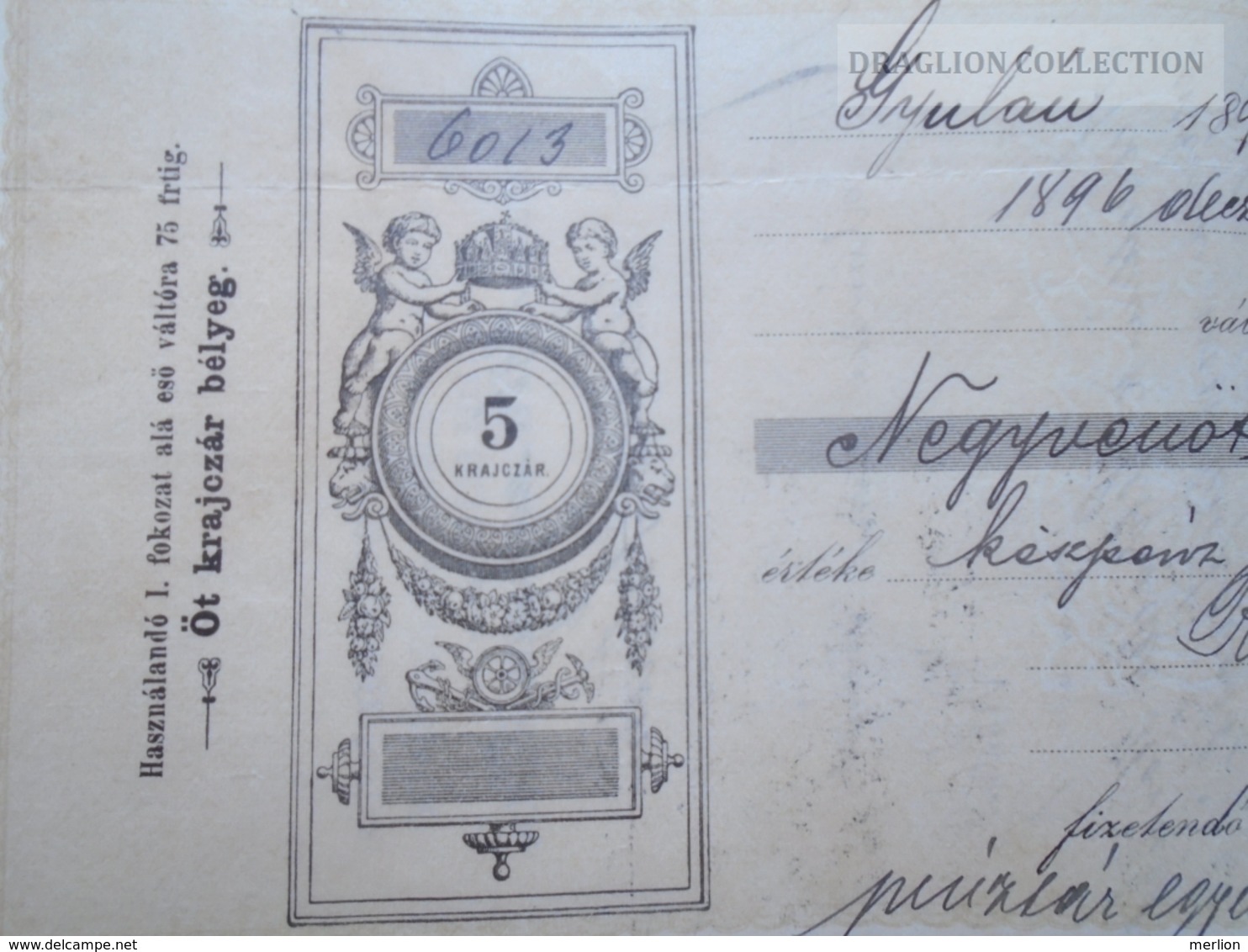 ZA192.24  Hungary   Váltó - Bill Of Exchange - GYULA 1896 - 5 Krajczár - Schröder Kornél ügyész - Erkel Sándor? - Cheques & Traveler's Cheques