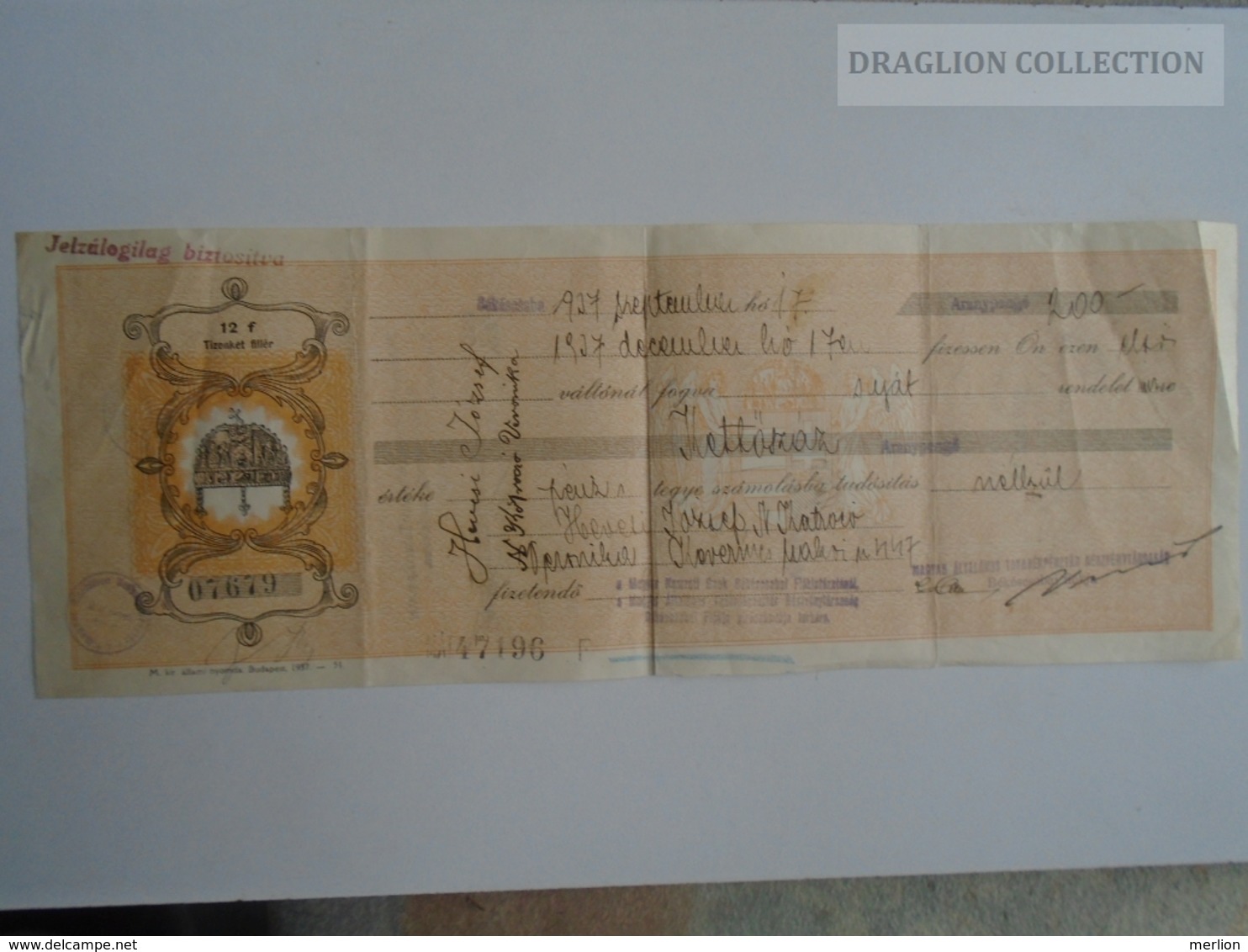 ZA192.27  Hungary   Váltó - Bill Of Exchange -12 F. Békéscsaba 1937 - 200 Aranypengő Hevesi József, Kotrocó V- Kevermes - Cheques & Traveler's Cheques