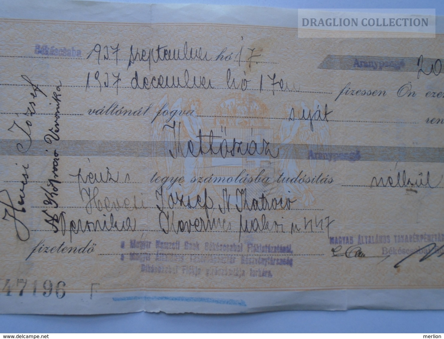 ZA192.27  Hungary   Váltó - Bill Of Exchange -12 F. Békéscsaba 1937 - 200 Aranypengő Hevesi József, Kotrocó V- Kevermes - Cheques & Traveler's Cheques