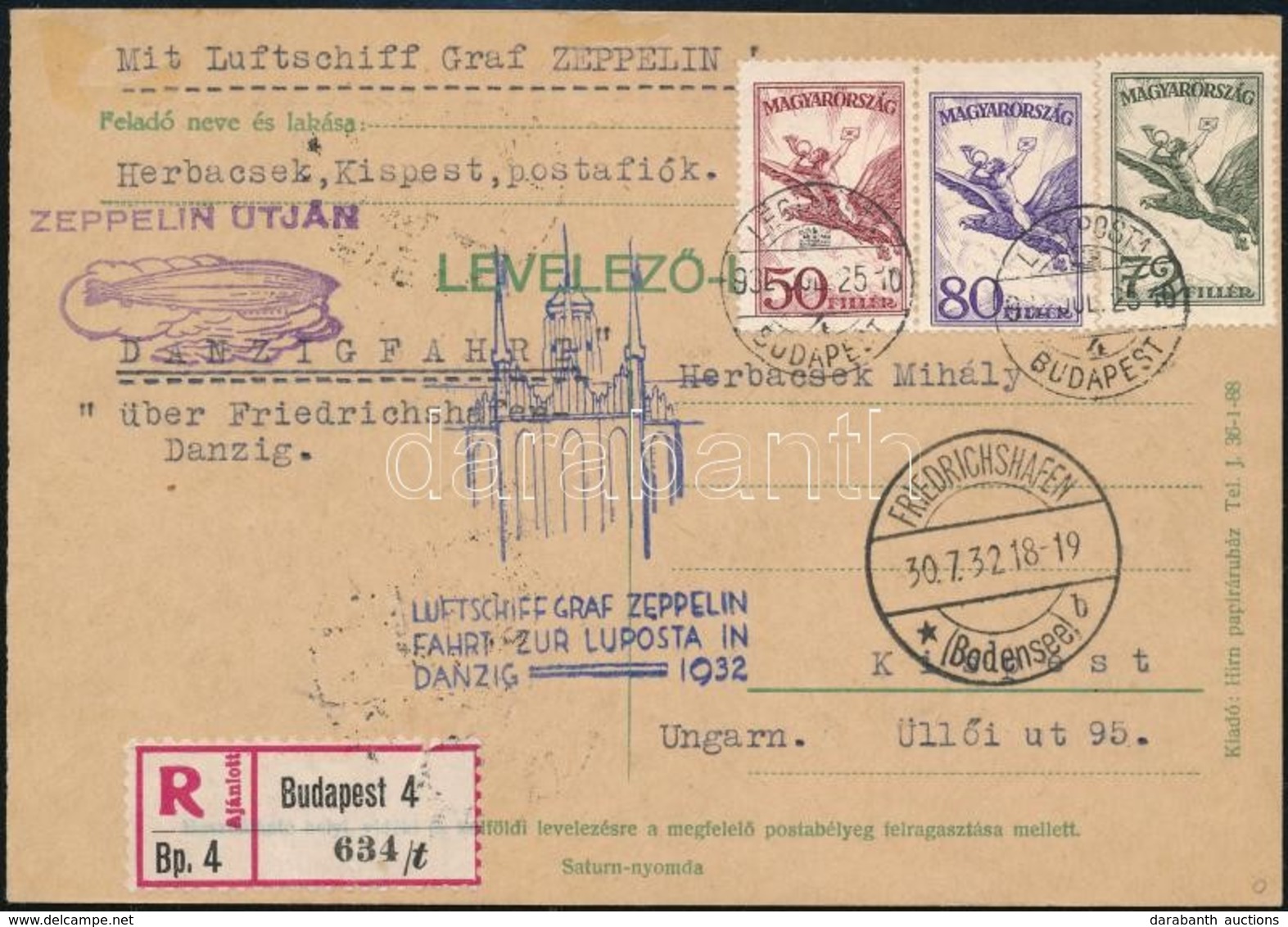 1932 Júl. 25 Zeppelin Levelezőlap Danzigi Repülés Majd Vissza Kispestre RR! - Andere & Zonder Classificatie