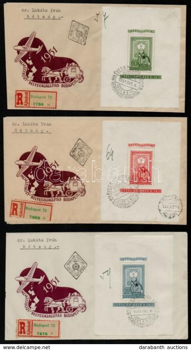 1951 80 éves A Magyar Bélyeg Blokksor 3 Db FDC-n, Ajánlott Futott Levélként - Other & Unclassified