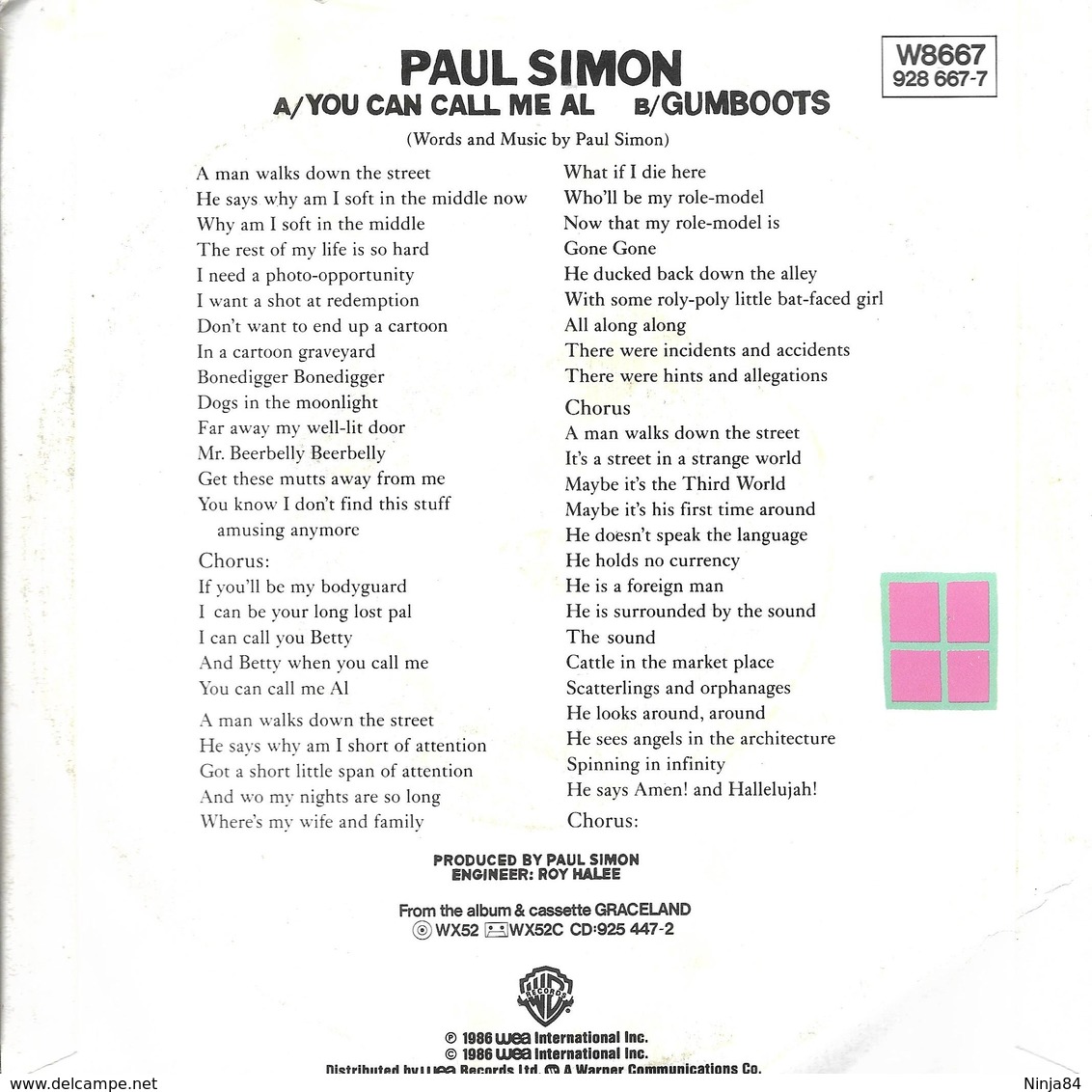 SP 45 RPM (7")   Paul Simon "  You Can Call Me Al  "  Angleterre - Autres - Musique Anglaise