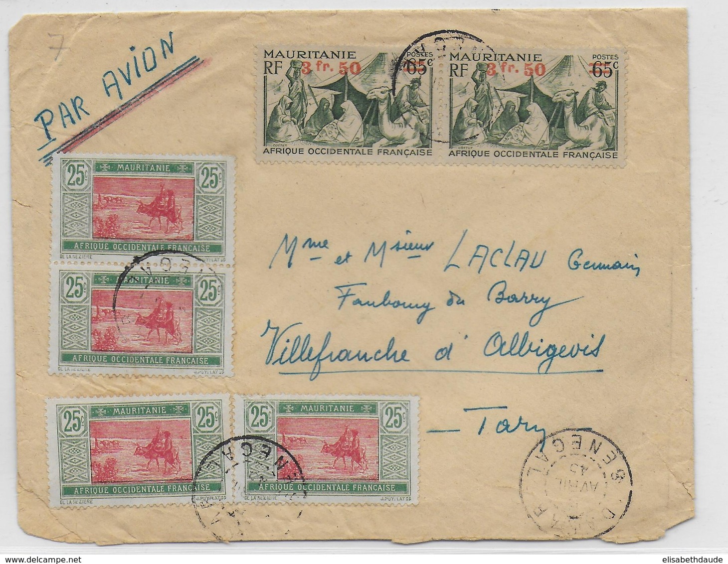 1945 - MAURITANIE - YVERT 133X2 + 42X4 Sur ENVELOPPE Par AVION De DAKAR (SENEGAL) => VILLEFRANCHE D'ALBIGEOIS (TARN) - Covers & Documents