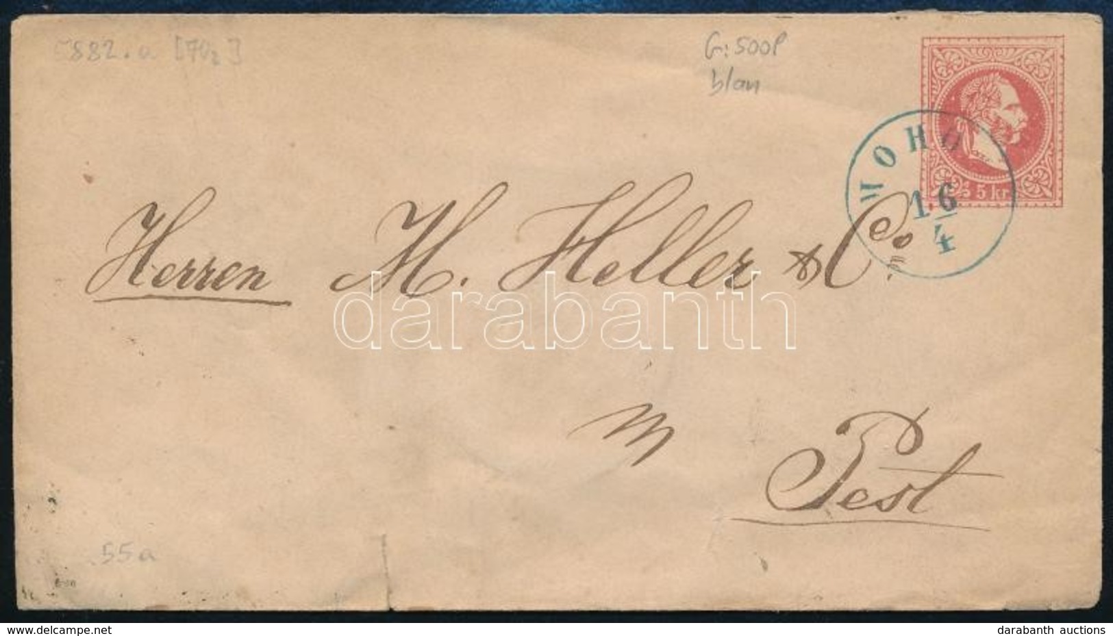 1869 5kr Díjjegyes Boríték Kék 'MOHOL' - Other & Unclassified