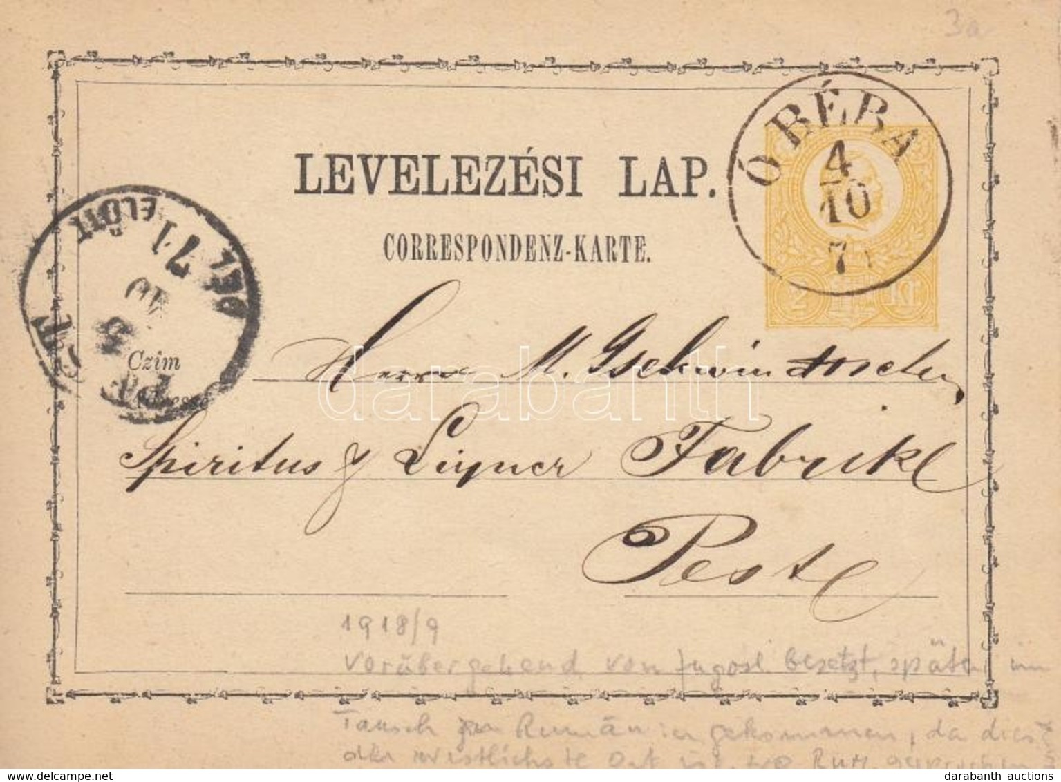 1871 Díjjegyes Levelezőlap / PS-card 'Ó BÉBA' - 'PEST' - Autres & Non Classés