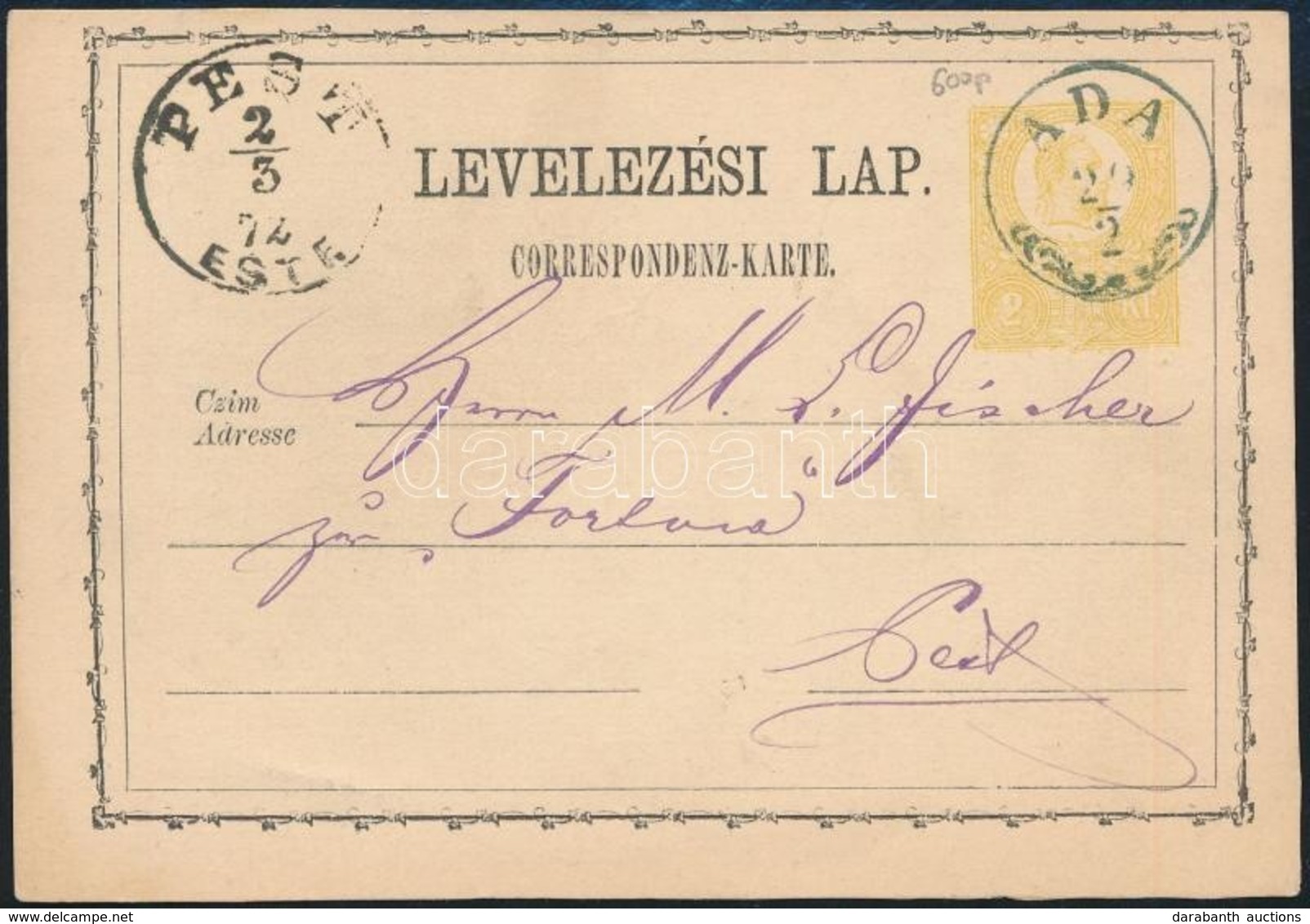 1872 2kr Díjjegyes Levelezőlap 'ADA' Kék Luxus (Gudlin 600p) - 'PEST / ESTE' - Andere & Zonder Classificatie