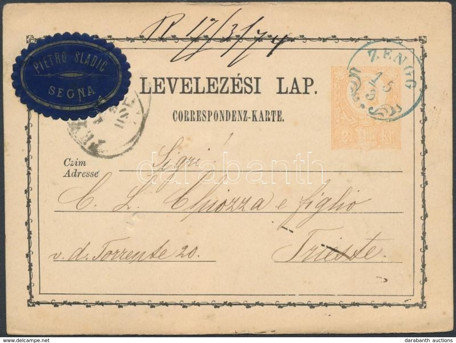 1874 2kr Díjjegyes Levelezőlap / PS Card Kék / Blue  'ZENGG' - Autres & Non Classés