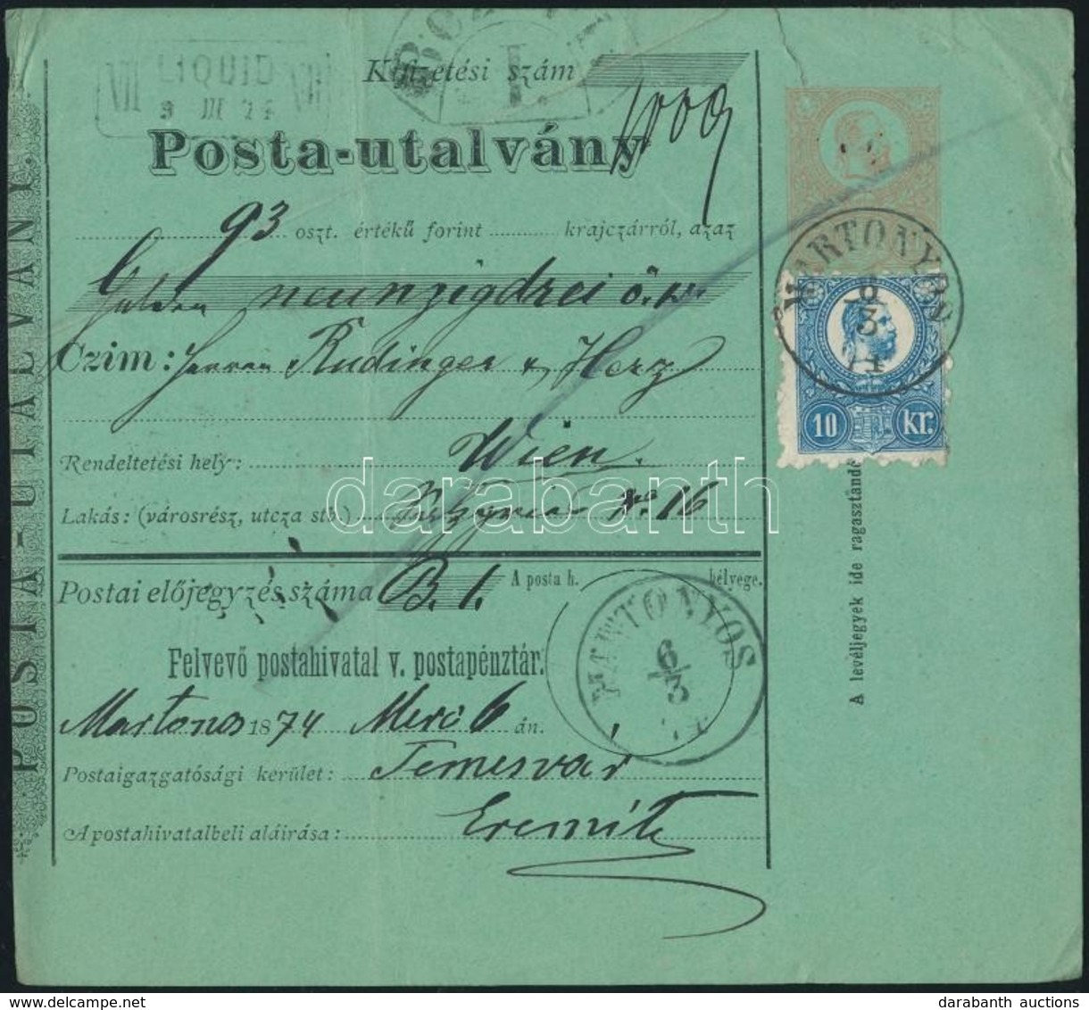 1874 Réznyomat 10kr 5kr Díjjegyes Postautalványon 'MARTONYOS' - Wien - Other & Unclassified
