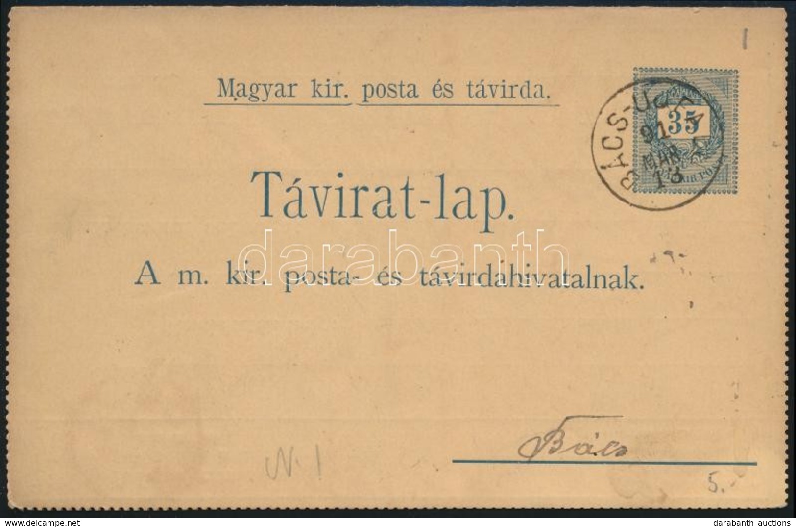 1891 35kr Díjjegyes Zárt Táviratlap (belső Bérmentesítés Leszedve) / 35kr PS-telegram (missing Stamp Inside) 'BÁCS-ÚJFAL - Andere & Zonder Classificatie