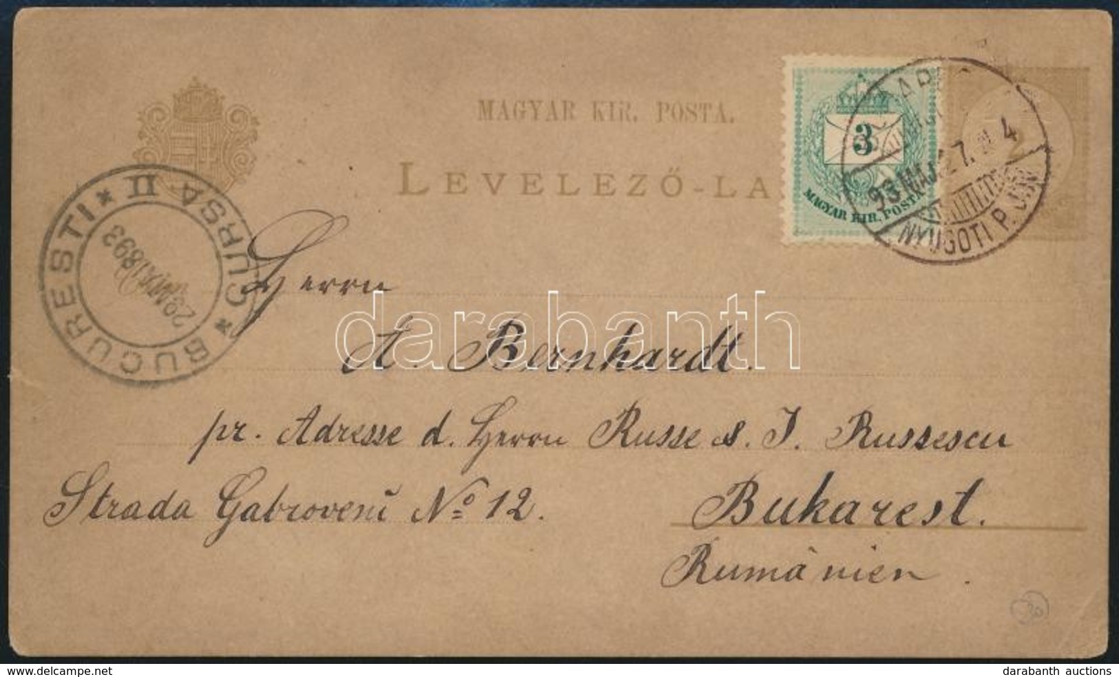 1893 2kr Díjjegyes Levelezőlap Színesszámú 3kr Díjkiegészítéssel Bukarestbe - Andere & Zonder Classificatie