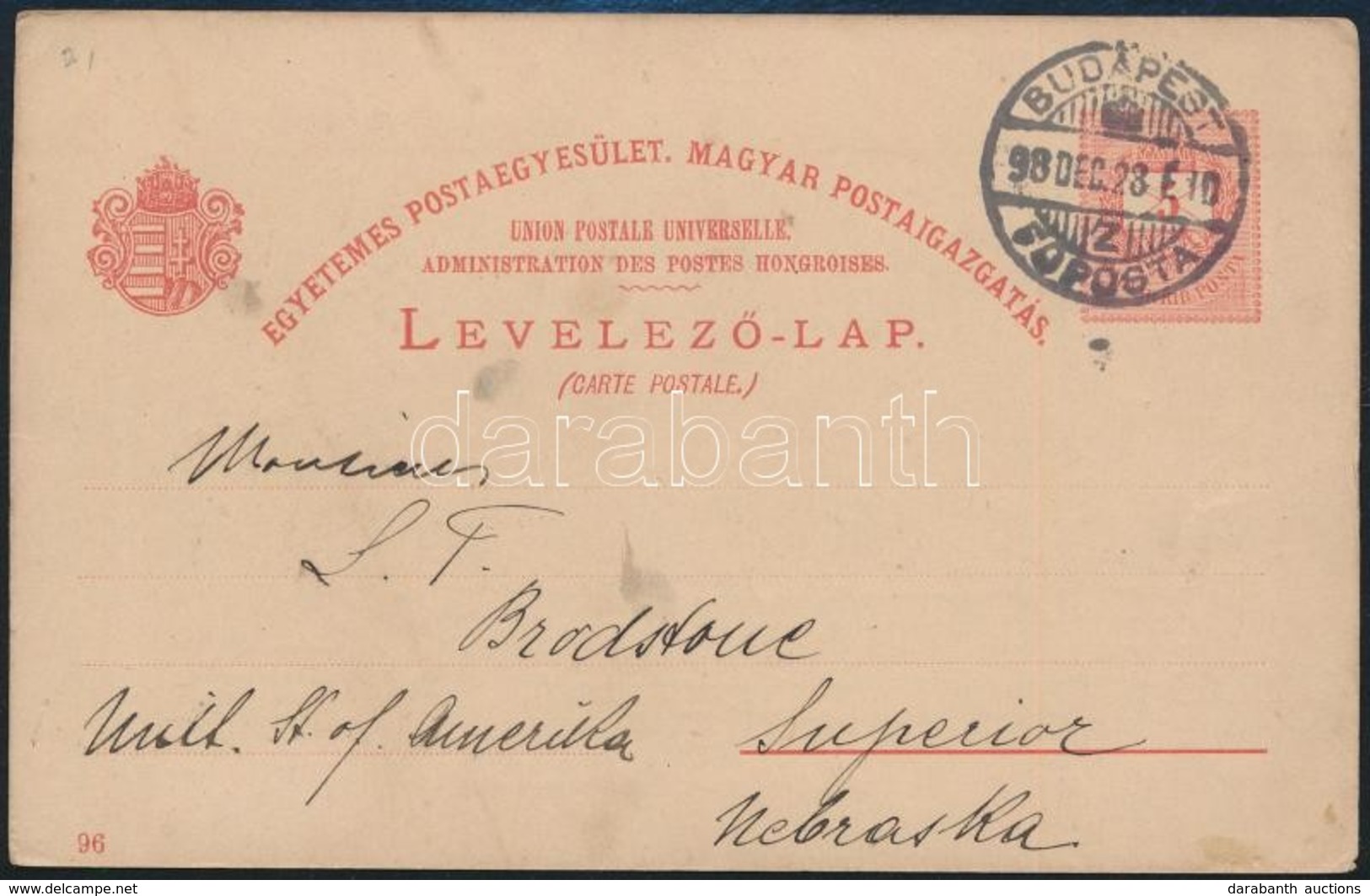 1898 5kr Díjjegyes Képes Levelezőlap (Országház) 'BUDAPEST' - Nebraska, Ritka Desztináció! - Andere & Zonder Classificatie