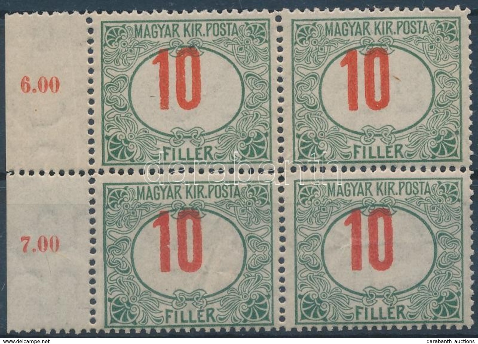 ** 1915 Pirosszámú Portó 10f ívszéli Négyestömb Elcsúszott értékszámokkal - Other & Unclassified