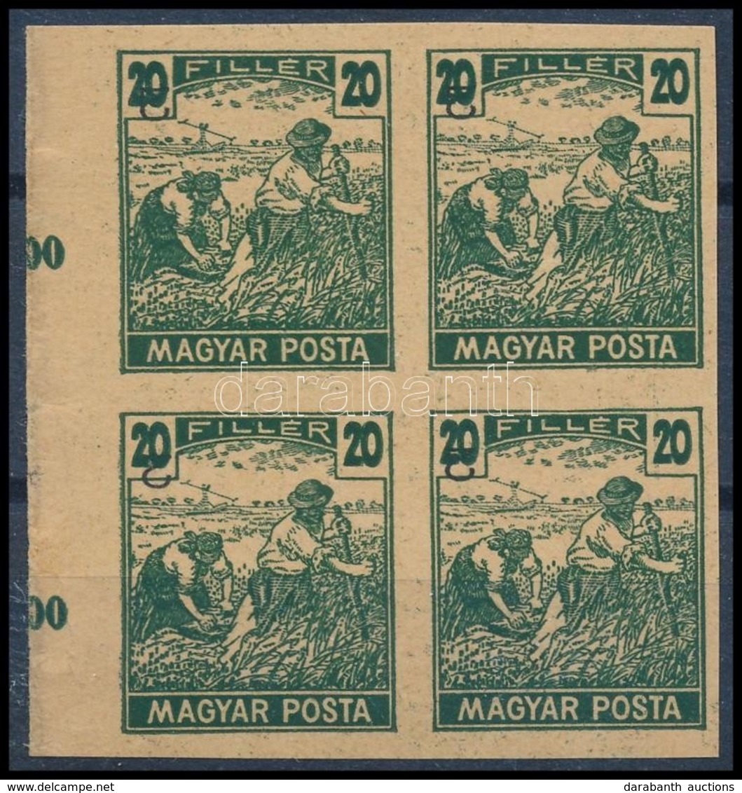 (*) 1919 Magyar Posta 20f Sötétzöld, Vágott Próbanyomat Elcsúszott értékszámmal Négyestömbben Bal Oldali ívszéllel, Vast - Andere & Zonder Classificatie