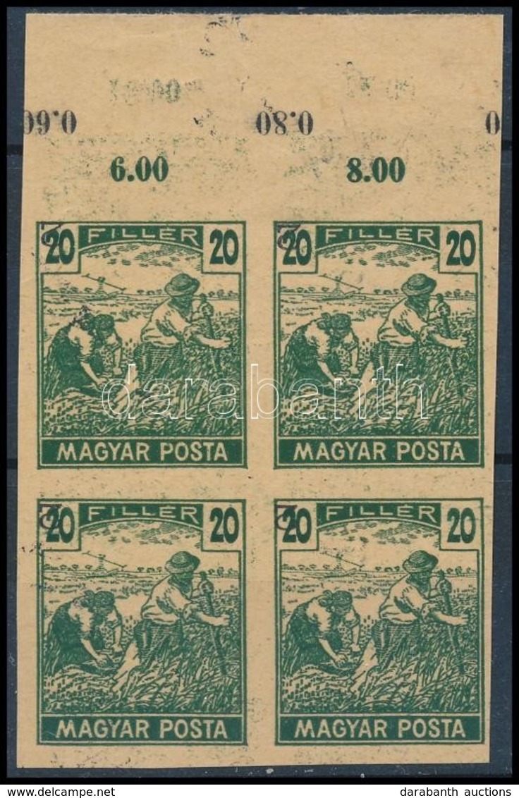 (*) 1919 Magyar Posta 20f Sötétzöld, Vágott Próbanyomat Elcsúszott értékszámmal Négyestömbben Felső ívszéllel, Vastagabb - Andere & Zonder Classificatie