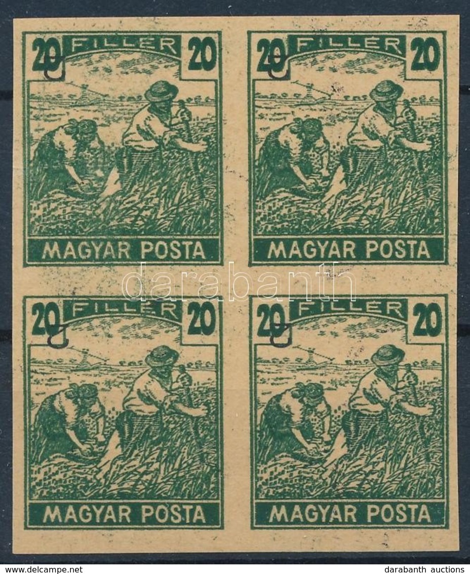 (*) 1919 Magyar Posta Arató 20f Sötétzöld Próbanyomat Elcsúszott értékszámmal Vágott Négyestömbben, Vastagabb, Enyvezetl - Andere & Zonder Classificatie