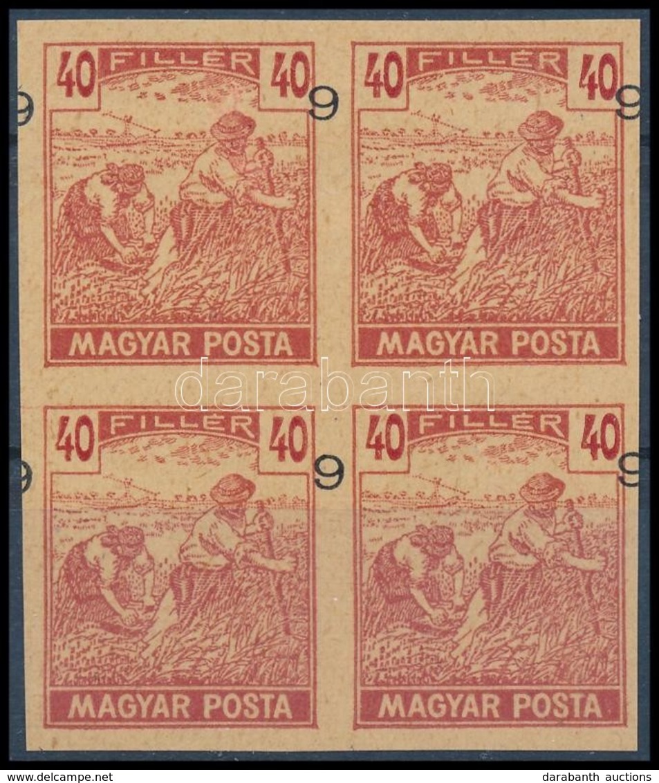 (*) 1919 Magyar Posta 40f Kármin, Vágott Próbanyomat Elcsúszott értékszámmal  Négyestömbben, Vastagabb Enyvezetlen Vízje - Andere & Zonder Classificatie