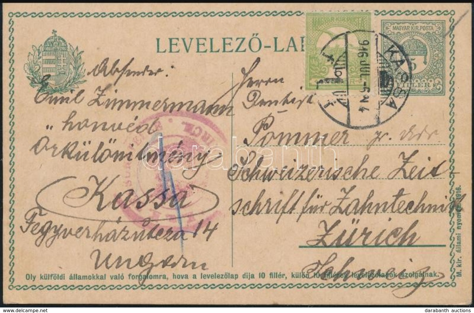 1916 Díjjegyes Levelezőlap 5f Turul Bélyeggel Zürichbe - Andere & Zonder Classificatie