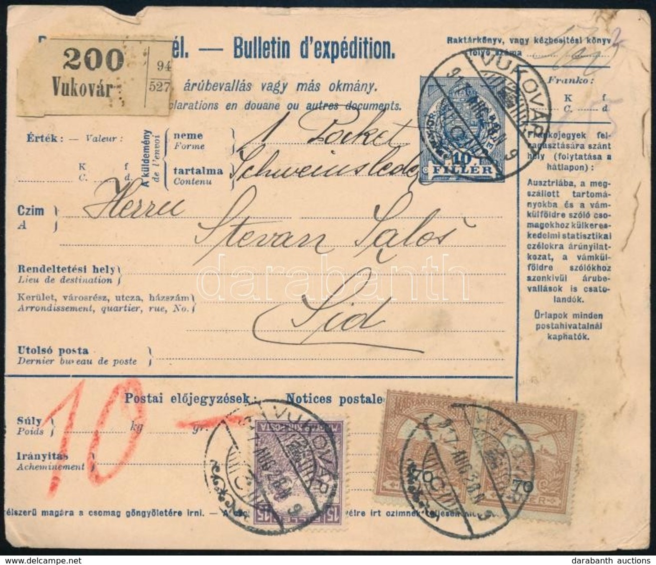 1917 Szállítólevél Turul -  Fehérszámú Arató Bérmentesítéssel 'VUKOVÁR' - 'SID' - Andere & Zonder Classificatie