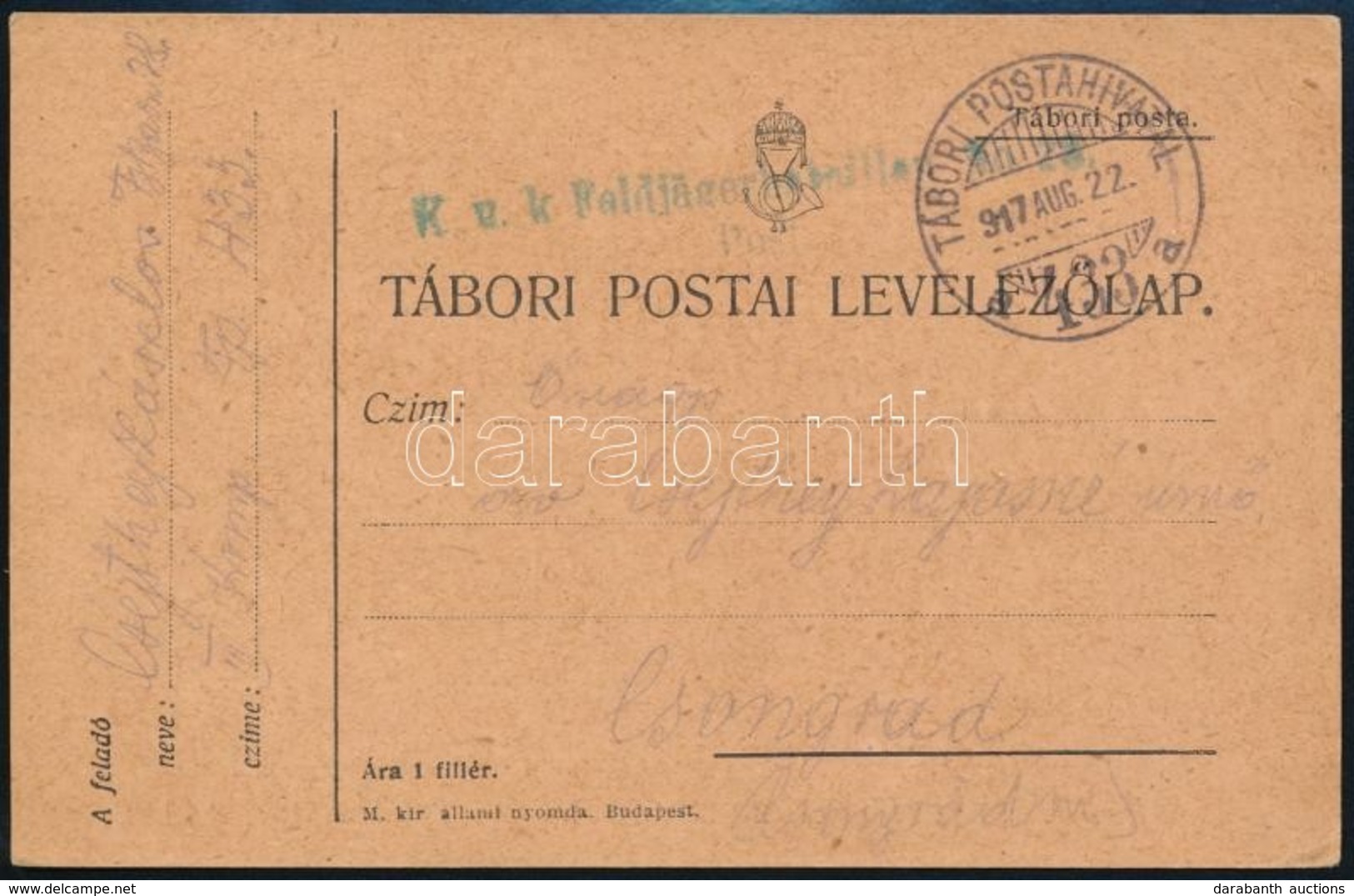 1917 Tábori Posta Levelezőlap 'K.u.k. Feldjägerbataillon No.28. Post' + 'TP 433 A' - Andere & Zonder Classificatie