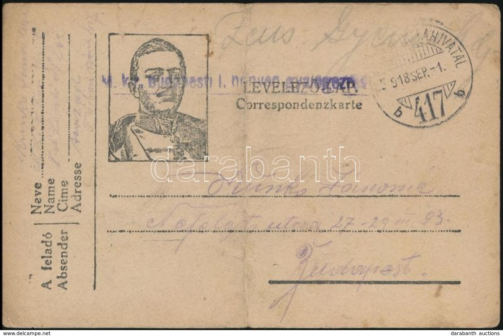 1918 Tábori Posta Levelezőlap / Field Postcard 'M.kir. Budapesti I. Honvéd Gyalogezred' + 'TP 417 B' - Autres & Non Classés