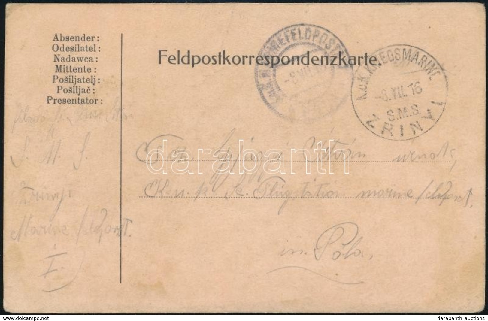 1917 Tábori Posta Levelezőlap 'K.u.K. KRIEGSMARINE / S.M.S. ZRINYI' - Autres & Non Classés