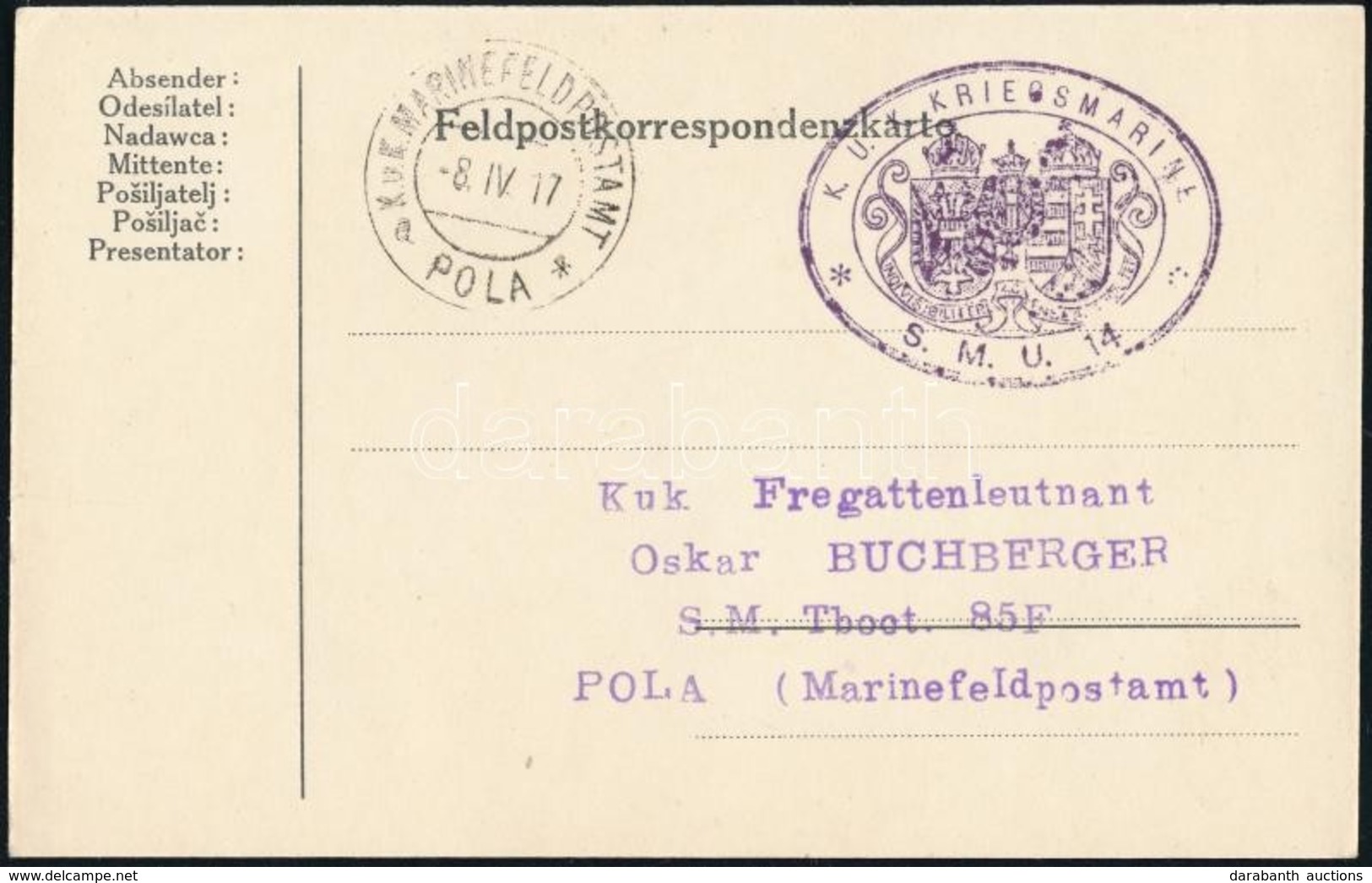 1917 Tábori Lap / Field Postcard 'KUK KRIEGSMARINE S.M.U. 14' - Other & Unclassified