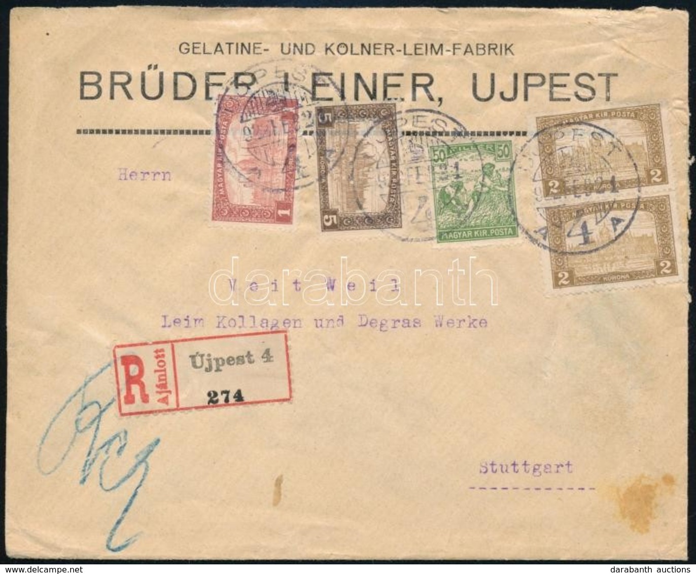 1922 Céges Fejléces Levél 10K 50f Bérmentesítéssel, Közte Hármaslyukasztású Bélyegek, Német Cenzúrával Stuttgartba - Andere & Zonder Classificatie