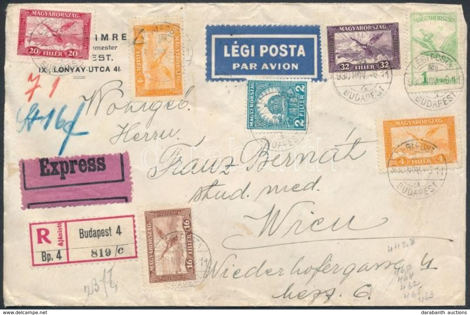 1930 Expressz Ajánlott Légi Levél Bécsbe - Autres & Non Classés