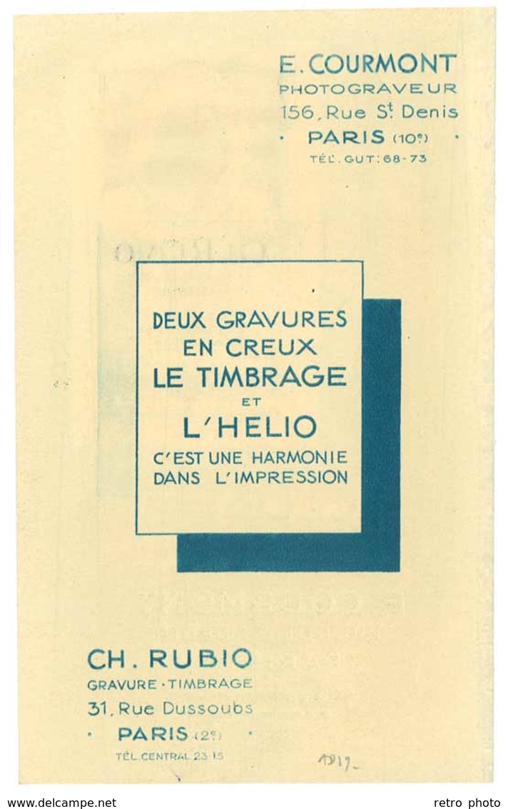 Feuille Pub Ch; Rubio, Paris, Gravure & Timbrage à Façon, E. Courmont, Celio Photo Gravure (textes Gaufrés) - Publicités