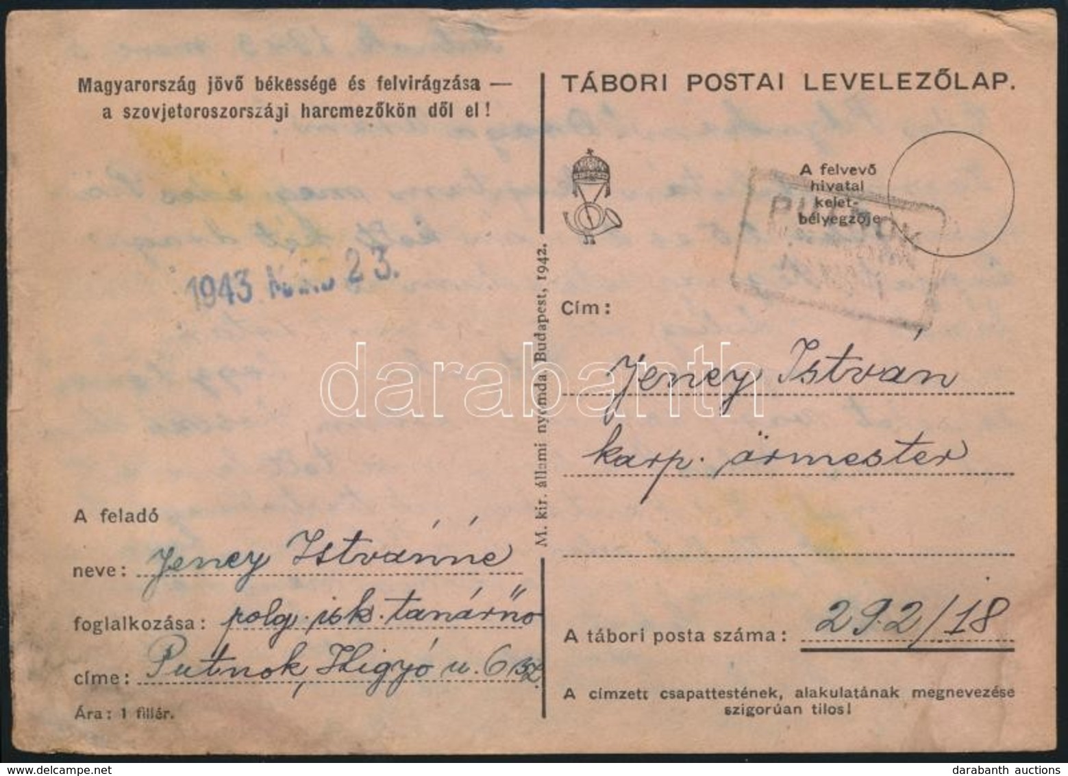 1943 Tábori Posta Levelezőlap 'PUTNOK' Pályaudvari Szekrényből - Andere & Zonder Classificatie