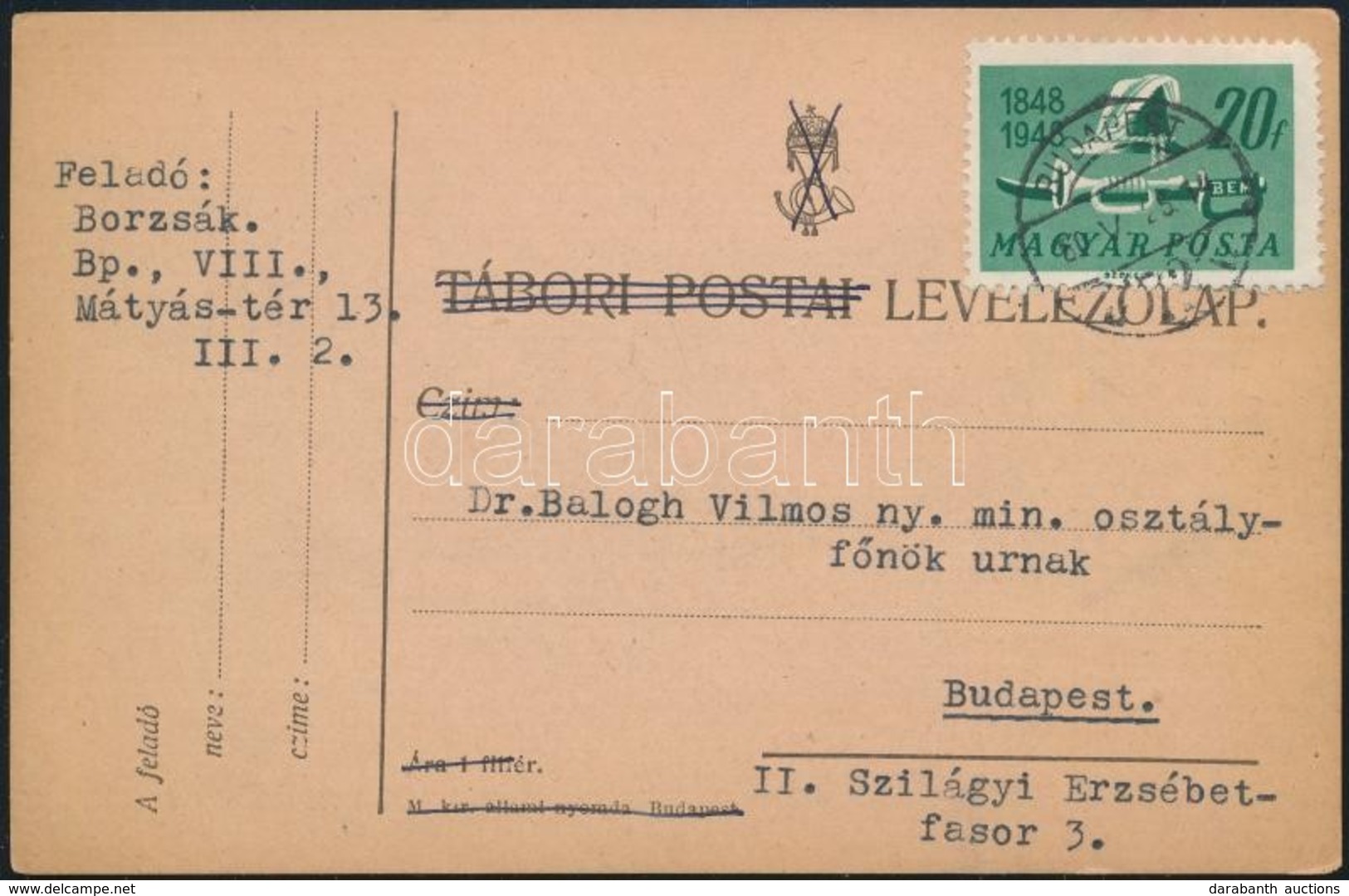 1950 Kései Felhasználású Tábori Postai Levelezőlap - Sonstige & Ohne Zuordnung