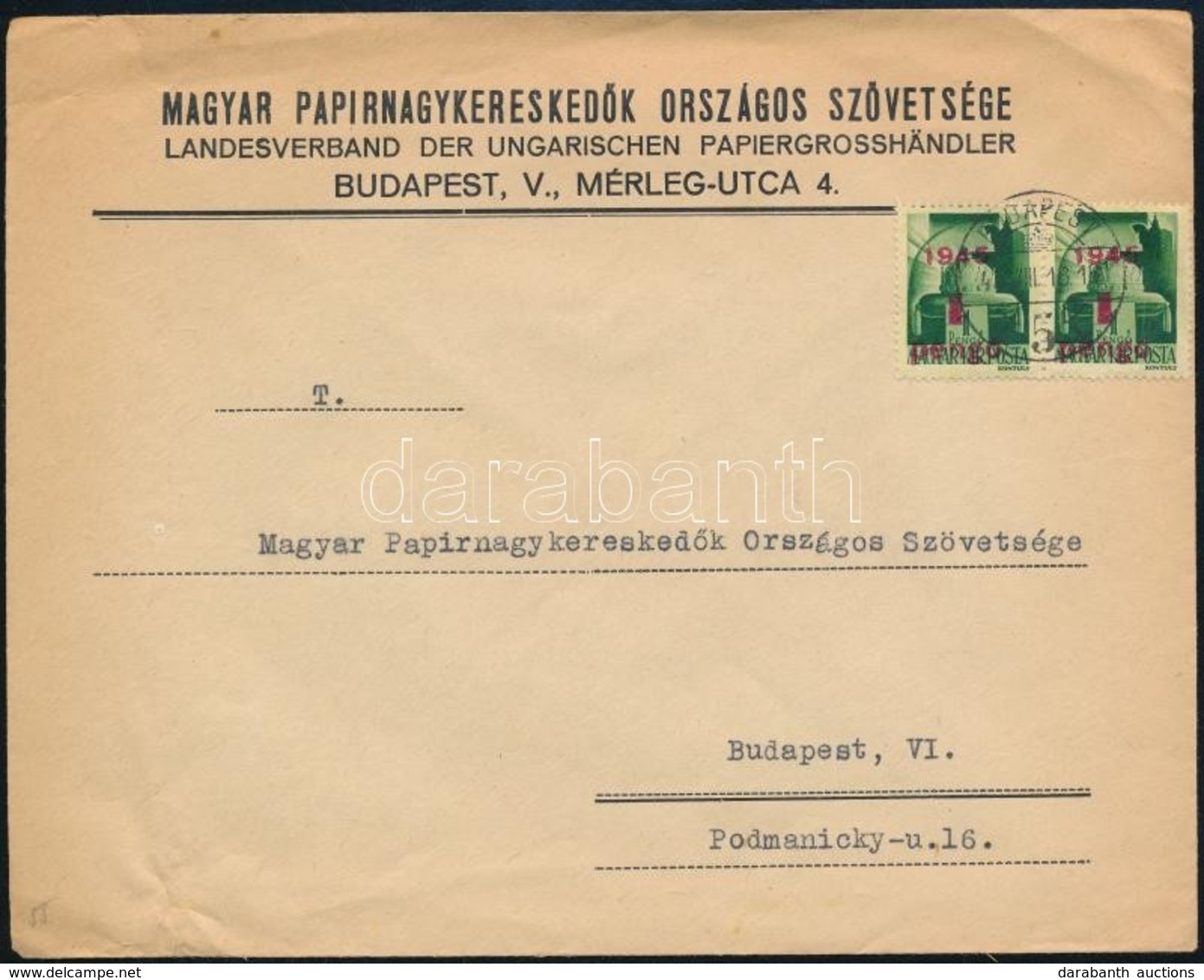 1945 (2. Díjszabás) Helyi Levél Kisegítő 2 X 1P/1P Bérmentesítéssel - Autres & Non Classés