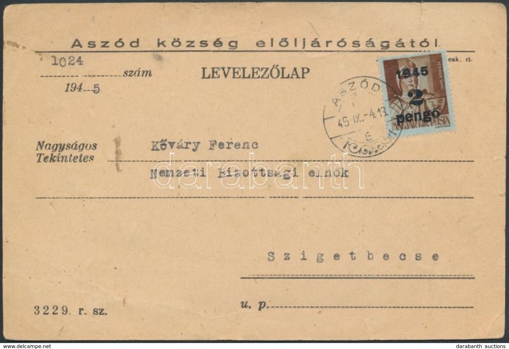 1945 (2. Díjszabás) Távolsági Levelezőlap 'ASZÓD' - Andere & Zonder Classificatie