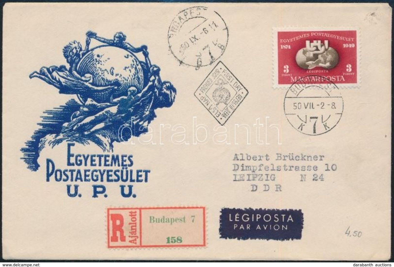 1950 UPU Bélyeg Elsőnapi Ajánlott Légi FDC-n - Andere & Zonder Classificatie